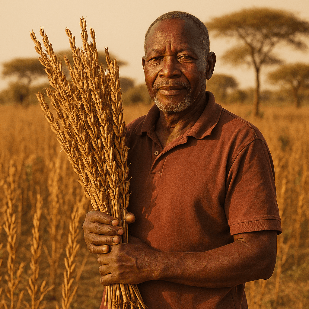 A Tanzanian farmer holding dried sesame stalks at harvest