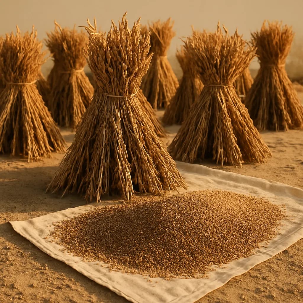 Cut sesame plants stacked upright in stooks to dry before threshing