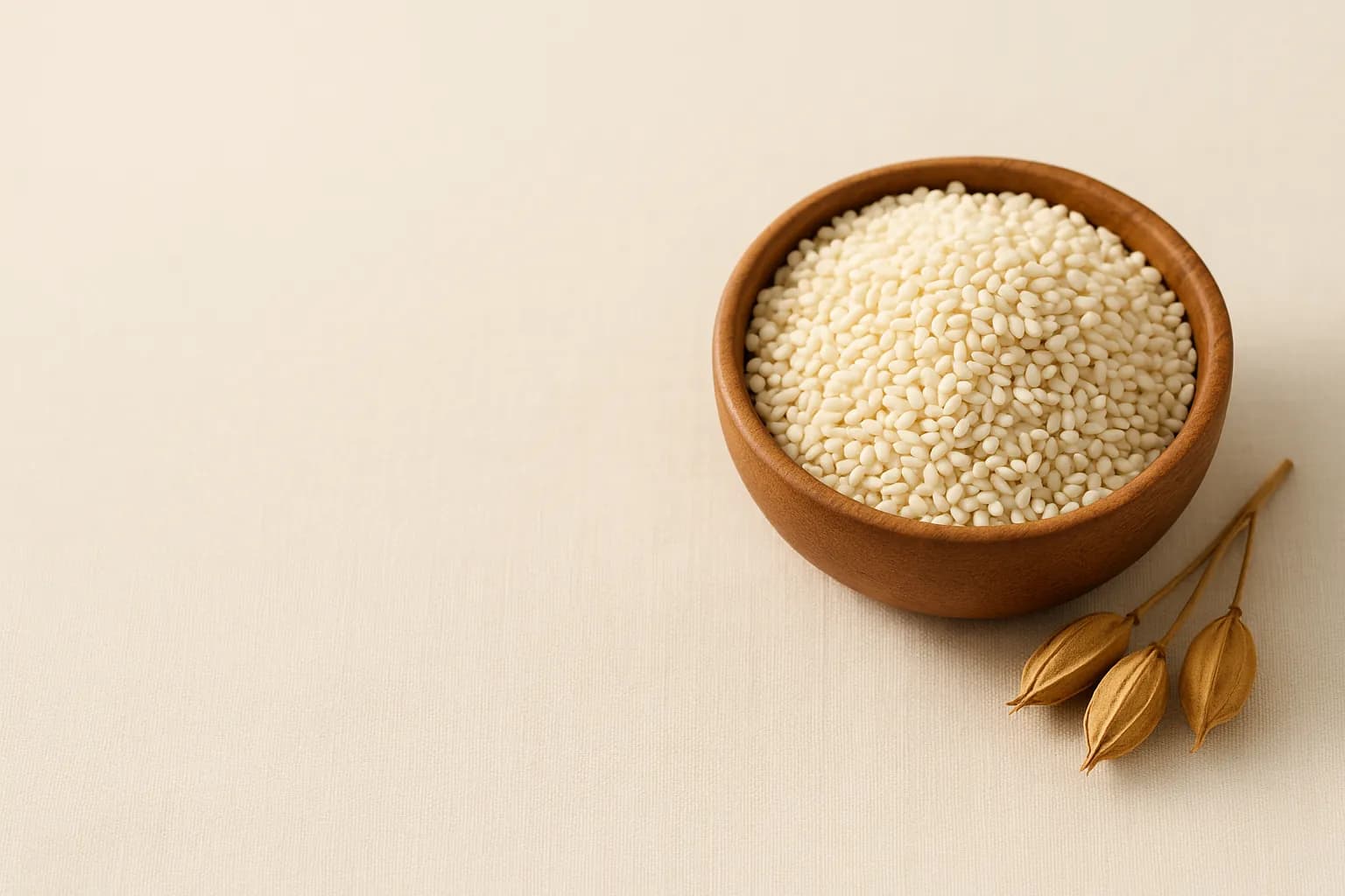 A scoop overflowing with natural white sesame seeds from Tanzania
