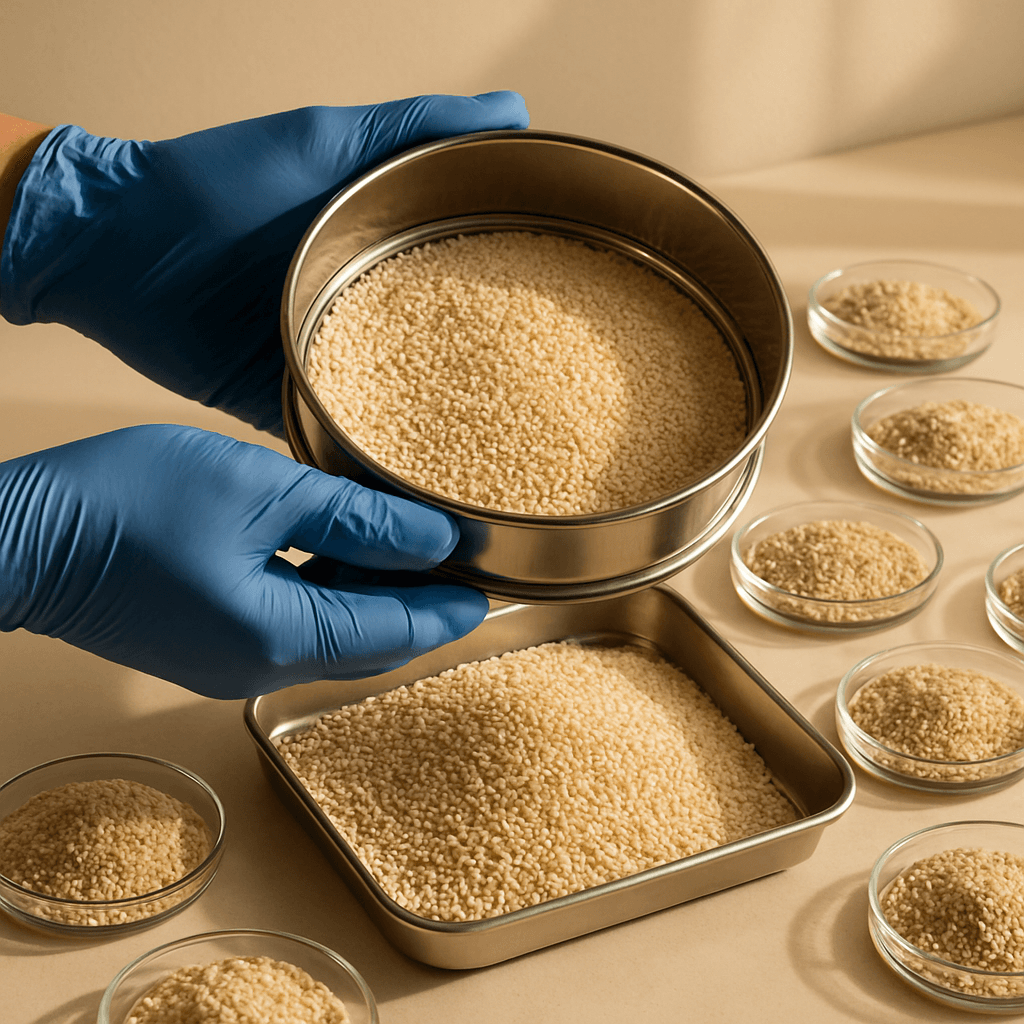 A grading sieve of white sesame seeds during quality inspection