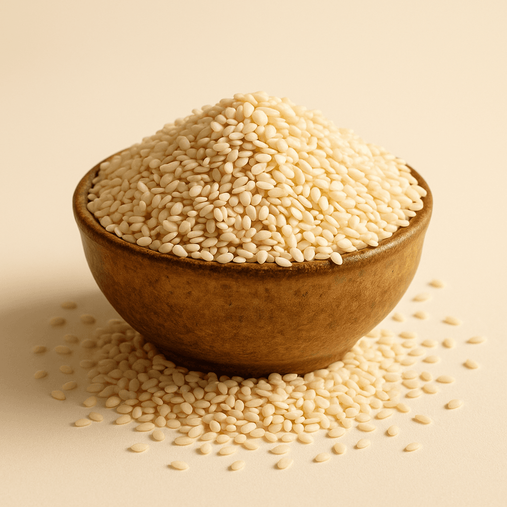 A bowl of fresh new-crop natural white sesame seeds